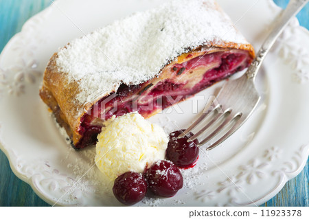 Plate with cherry strudel closeup. Plate with cherry strudel closeup. 11923378