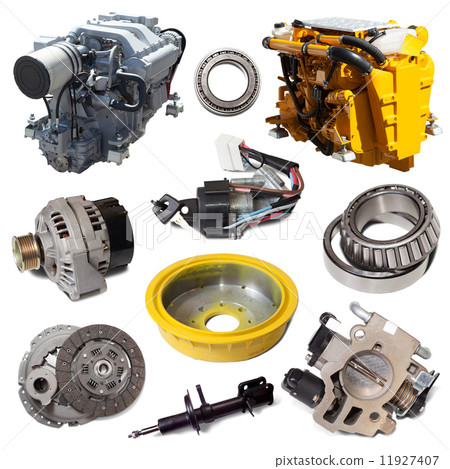 two motors and  automotive parts. Isolated over white 11927407