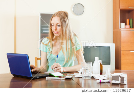 serious woman with medications and laptop 11929637