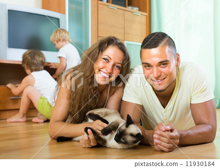 Family of four playing with kitten 11930184