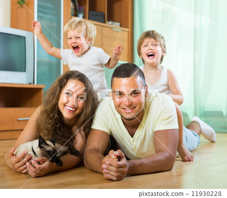 Family of four playing with kitten Family of four playing with kitten 11930228