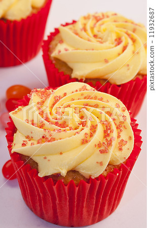 Three rhubarb cupcakes with jelly beans Three rhubarb cupcakes with jelly beans 11932687