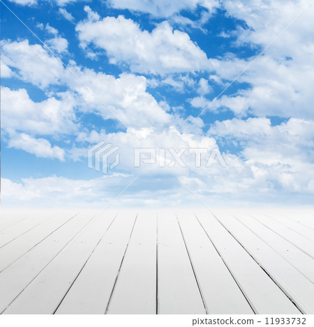 White wooden floor with perspective and cloudy sky White wooden floor with perspective and cloudy sky 11933732