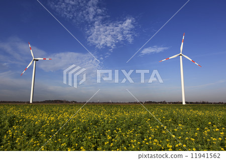 Wind Turbines with blue sky and the sun shining on green 11941562