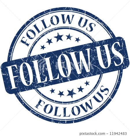 Follow us blue round grungy vintage rubber stamp 11942483