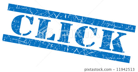 Click blue square grunge textured stamp isolated on white 11942513