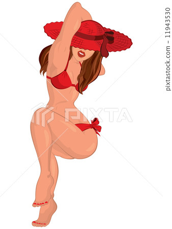 Cartoon young sexy woman in red swimsuit and hat sitting 11943530