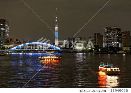 Houseboat of Sumida River and light-up Sky Tree and Permanent Bridge 11949056