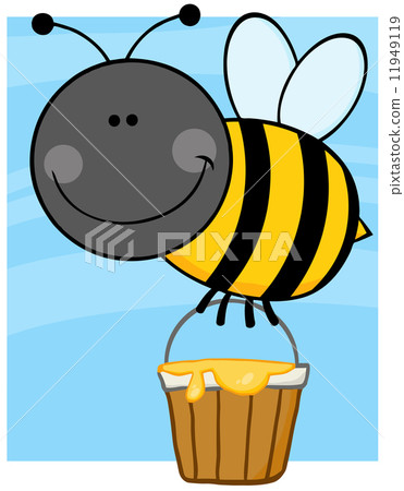 Smiling Bee Character Flying With A Honey Bucket Smiling Bee Character Flying With A Honey Bucket 11949119