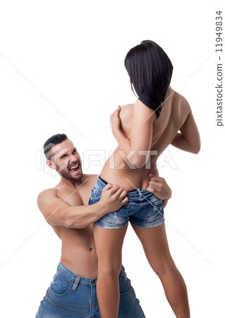 Image of cheerful topless lovers isolated on white 11949834