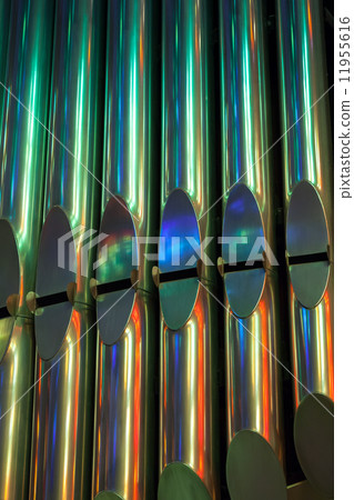Colorful shining organ tubes in church, vertical photo 11955616