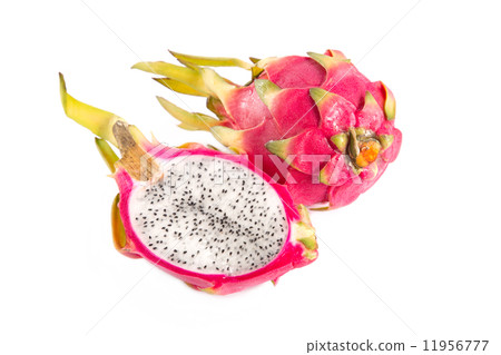 Top view of cut section of dragon fruit and a whole one 11956777