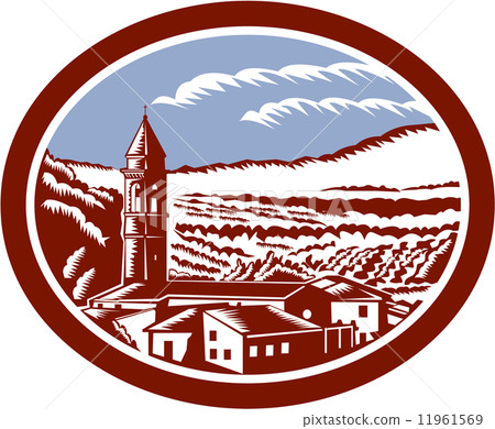 Church Belfry Tower Tuscany Italy Woodcut 11961569