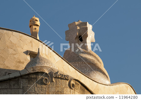 BARCELONA, SPAIN roof of La Pedrera or Casa Mila by Gaudi 11964280