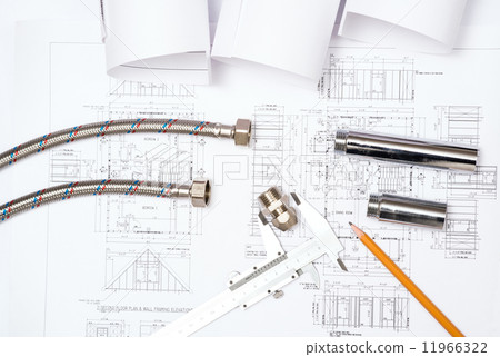plumbing and drawings, construction still life plumbing and drawings, construction still life 11966322