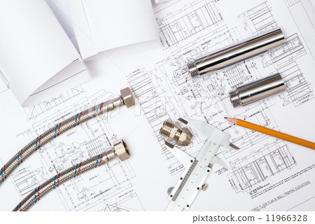 plumbing and drawings, construction still life plumbing and drawings, construction still life 11966328