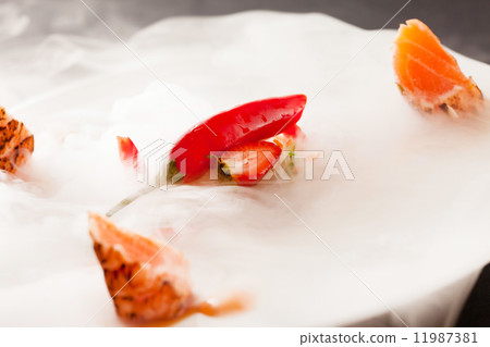 Liquid nitrogen treated salmon and chili pepper Liquid nitrogen treated salmon and chili pepper 11987381