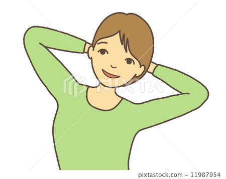 A woman relaxing a pair of both hands behind the head 11987954