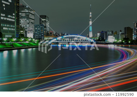 Light trace of Yamagata river houseboat and light-up sky tree and Permanent bridge 11992590