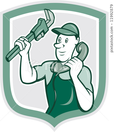 Plumber Monkey Wrench Telephone Shield Cartoon 11992879