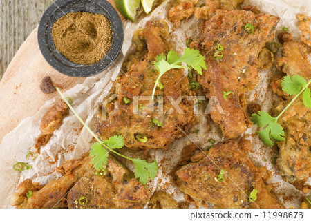 Mutton Chaap - Fried battered spicy lamb cutlets garnished with green chilies and coriander. 11998673