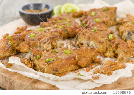 Mutton Chaap - Fried battered spicy lamb cutlets garnished with green chilies and coriander. 11998676