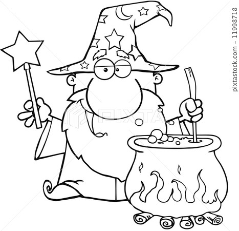 Outlined Wizard Waving With Magic Wand And Preparing A Potion Outlined Wizard Waving With Magic Wand And Preparing A Potion 11998718