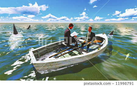 businessmen on boat with shark businessmen on boat with shark 11998791