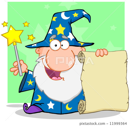 Wizard Waving With Magic Wand And Holding Up A Scroll Wizard Waving With Magic Wand And Holding Up A Scroll 11999364