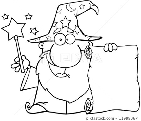 Outlined Funny Wizard Waving With Magic Wand And Holding Up A Scroll 11999367