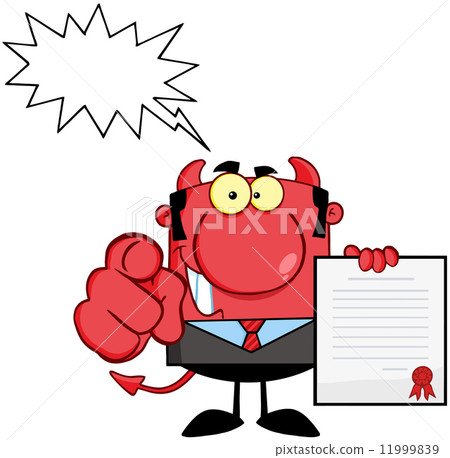 Devil Boss Holds Up A Contract And Hand Pointing Finger With Speech Bubble 11999839
