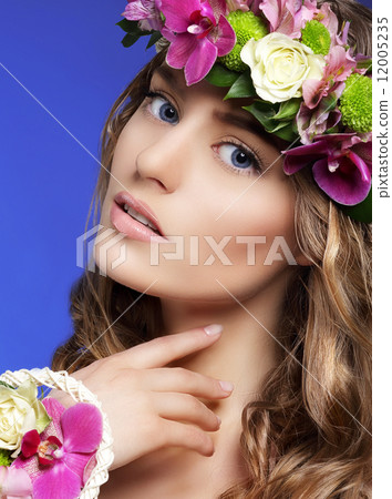 Gorgeous Woman with Bouquet of Colorful Flowers 12005235