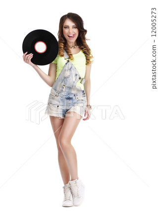 Happy Funny Woman with Vinyl Record Licking her Lips Happy Funny Woman with Vinyl Record Licking her Lips 12005273