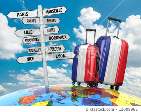 Travel concept. Suitcases and signpost what to visit in France 12009968