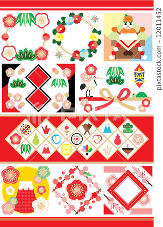 Japanese New Year's cards Japanese style illustration cut design image material collection (lucky cards) red series colorful 12011452