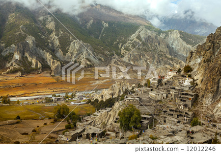 Braga, little village in the Himalayas, Annapurna Conservation A 12012246