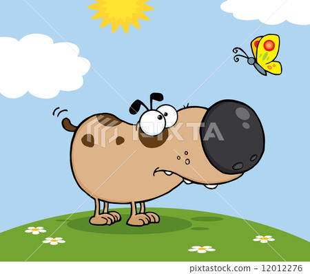 Cute Dog Cartoon Character With Butterfly On A Meadow Cute Dog Cartoon Character With Butterfly On A Meadow 12012276