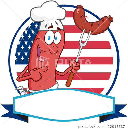 Sausage Cartoon Logo Over A Circle And Blank Banner In Front Of Flag Of USA 12012887