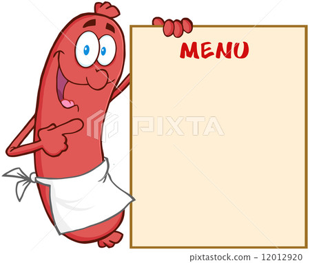 Sausage Cartoon Mascot Character Showing Menu 12012920
