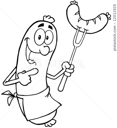 Outlined Happy Sausage Cartoon Character With Sausage On Fork 12012928