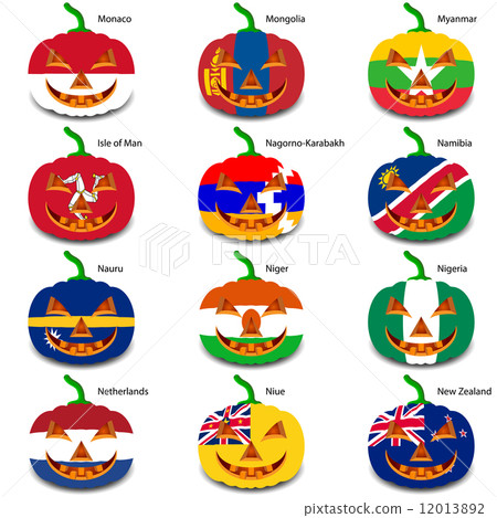 Set pumpkins for Halloween as a flags of the world. Vector illus 12013892