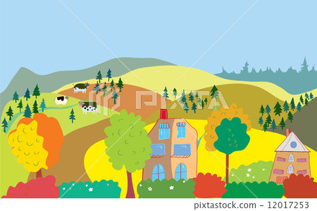 Autumn countryside landscape with trees, houses, cows Autumn countryside landscape with trees, houses, cows 12017253