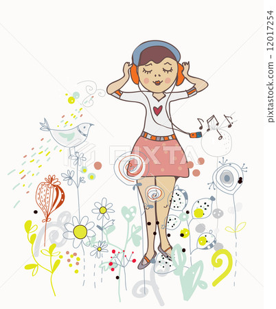 Poster of girl listening to the music with flowers, birds 12017254