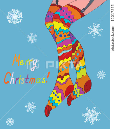 Merry christmas card with girl legs in stockings and snow Merry christmas card with girl legs in stockings and snow 12017255