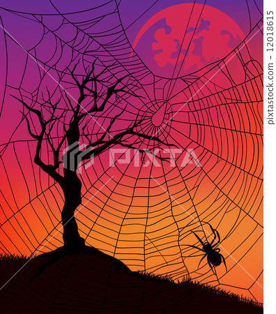 halloween evening vector background with bare tree, moon and spider web 12018615