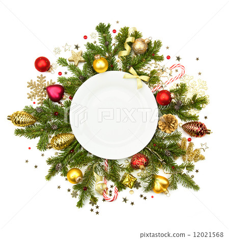 White Christmas plate with baubles, stars and fir -  isolated 12021568