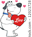 White Fat Dog Holding Up A Red Heart With Text 12021728