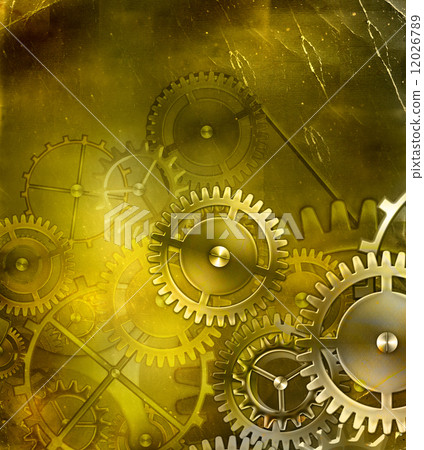 old gear mechanism on the background of old vintage parchment 12026789