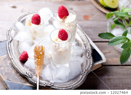 Almond milk granita with raspberries Almond milk granita with raspberries 12027464