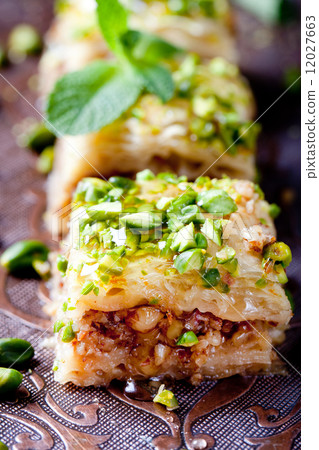 Turkish nut and phyllo pastry dessert, baklava Turkish nut and phyllo pastry dessert, baklava 12027663